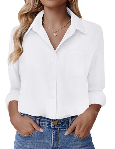 HOTOUCH White Long Sleeve Shirts for Women Button Up Drop Shoulder Blouse Casual Collared Solid Work Tops with Pocket S | Amazon (US)