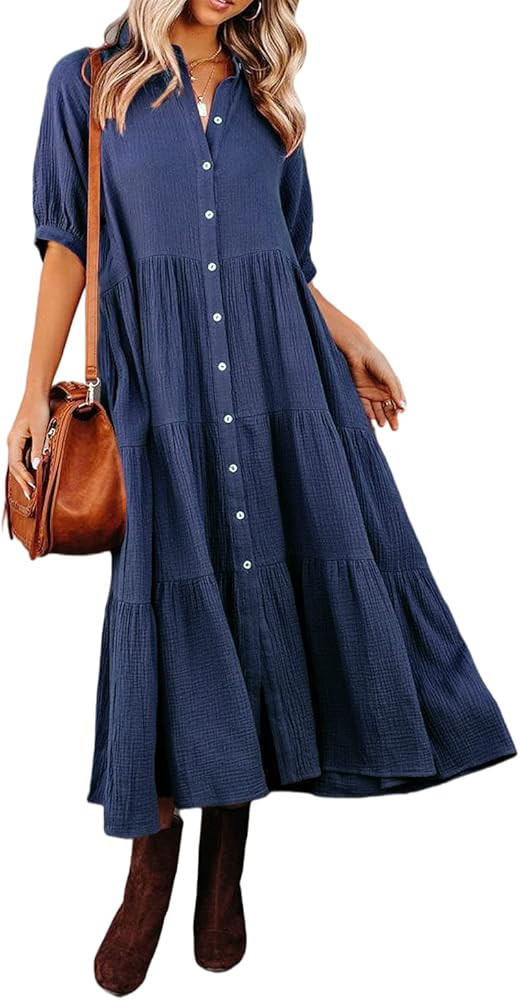 R.Vivimos Women's Summer Cotton Half Sleeves Button Down Casual Loose Slit Midi Dress with Pocket... | Amazon (US)