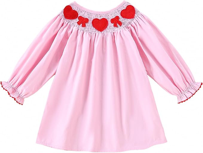 Toddler Girl Valentine Smocked Dress Puff Long Sleeve Hearts Bow Embroidery on Pink Dresses Sprin... | Amazon (US)