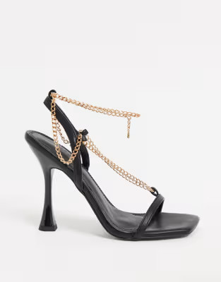 ASOS DESIGN Nia heeled sandals with chain trim in black | ASOS (Global)