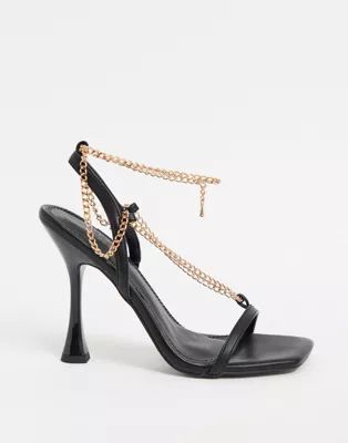 ASOS DESIGN Nia heeled sandals with chain trim in black | ASOS (Global)