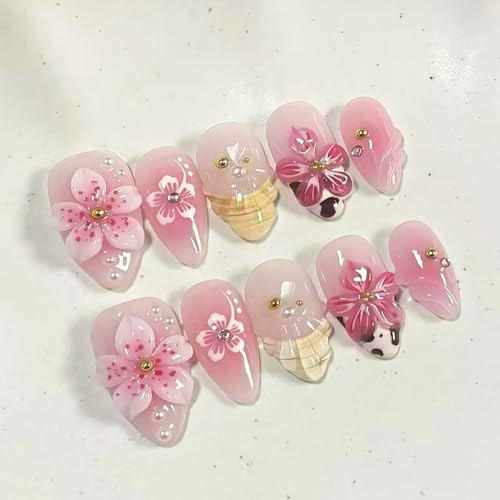French Tip Press On Nails Pink Cherry Blossom - 3D Floral Almond Fake Nails with Cow Print, Pearl & Rhinestone, Reusable Glitter False Nails for Women Wedding Party Daily (30PCS) | Amazon (US)