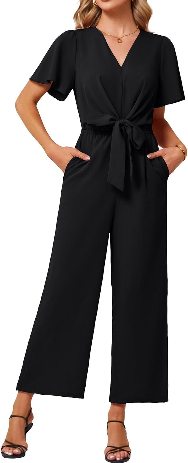 JASAMBAC Women's 2024 Summer Wide Leg Jumpsuits Casual Dressy One Piece Outfits V Neck High Waist... | Amazon (US)