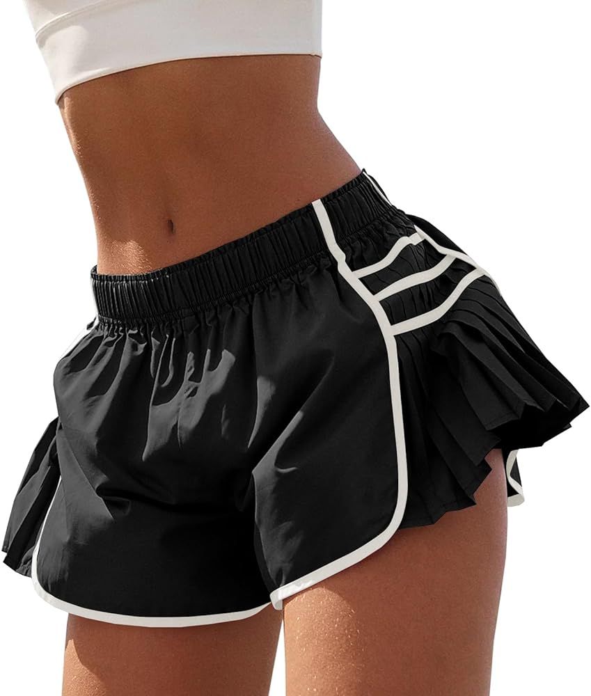 Fisoew Womens Workout Gym Shorts Running Pleated Contrast Stitch Elastic Waist Athletic Quick Dry... | Amazon (US)