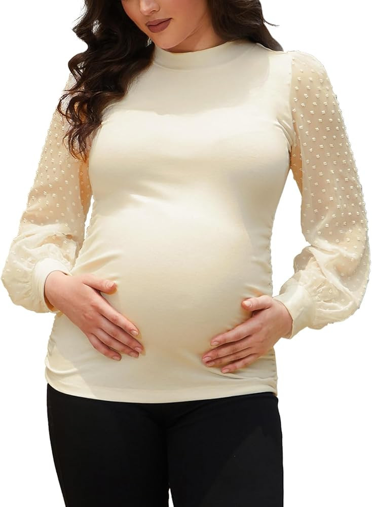 Bhome Mock Neck Maternity Shirt Ribbed Knit Maternity Blouse Mesh Long Sleeve Fitted Pregnant Top | Amazon (US)