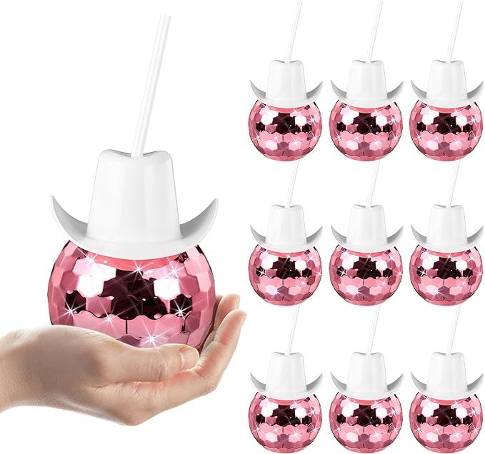 9 Pack Disco Ball Cups with Straw and White Cowboy Hat Lid 20 oz Mirror Rose Gold Drink Cup Cockt... | Amazon (US)