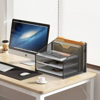 Black 12.25in x 11.5in x 9.5in Metal Mesh Desk File Organizer with 3-Tier Sliding Trays and 2 Vertical Sections | The Home Depot