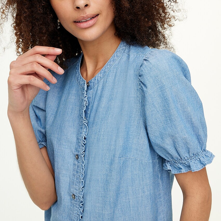 Chambray puff-sleeve ruffle top | J.Crew Factory