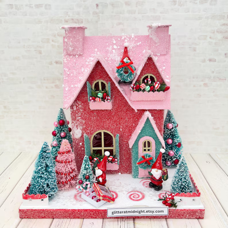 Putz House in Red & Pink with 3 Gnomes/Tomte decorating | Etsy (Global)