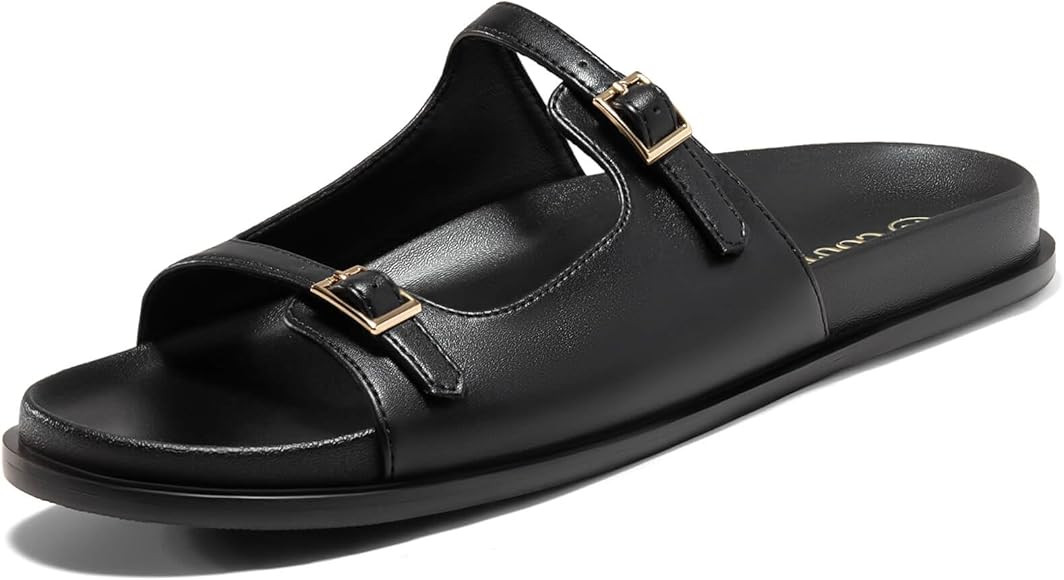 Coutgo Sandalias planas para mujer, cómodas, anchas, con doble correa y hebilla ajustable | Amazon (US)