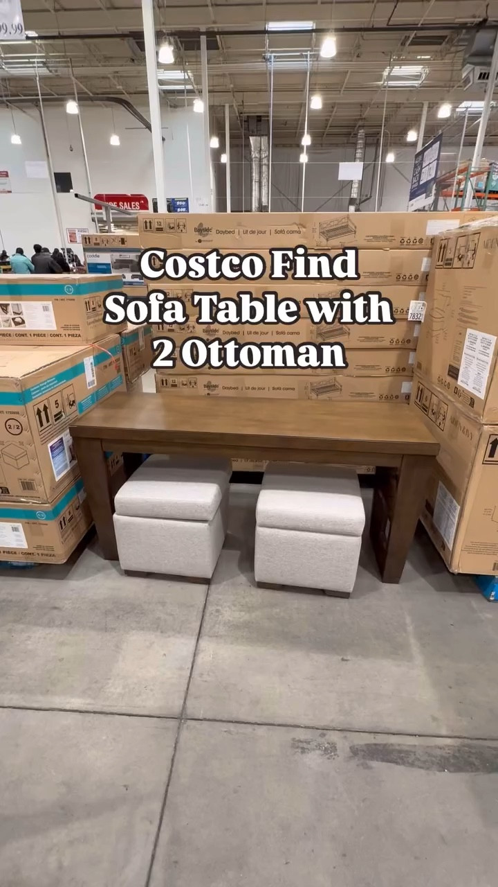 This sofa table with movable storage ottomans that double as seating is stylish, useful, and perfect for small spaces! The ottoman lid turns over and doubles as a tray top! I found it at @costco #universalbroadmoore for $399.99!!! the items linked are just similar items I found!! 