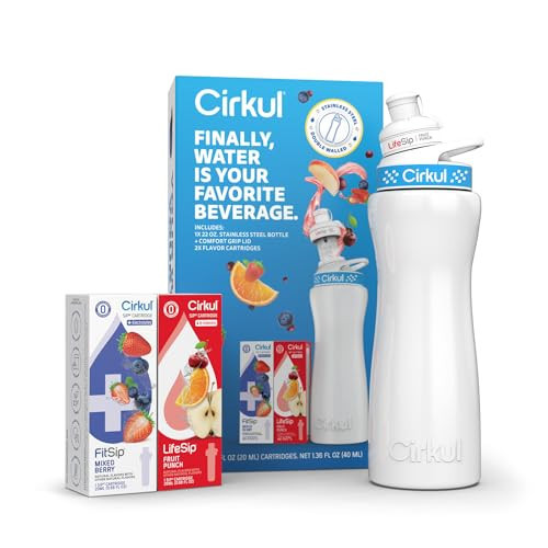 Cirkul 22oz. White Stainless Steel Water Bottle Starter Kit with Blue Lid, 2 Flavor Cartridges (1 LifeSip Fruit Punch and 1 FitSip Mixed Berry) Zero Calories and No Sugar | Amazon (US)