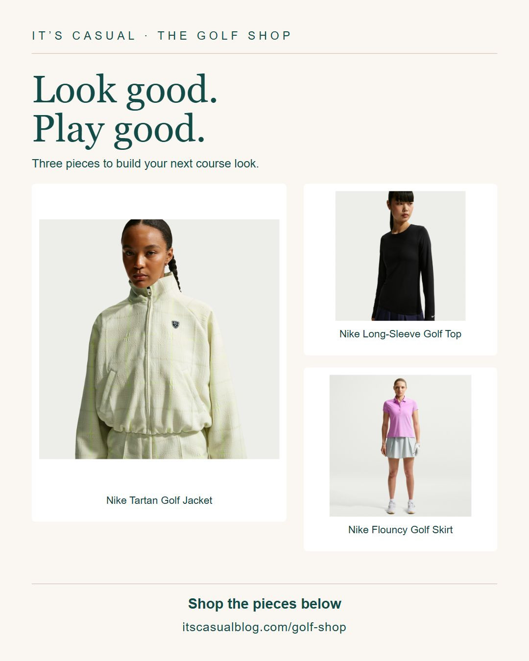 Look good. Play good. Three Nike pieces for your next golf outfit: a tartan golf jacket, black long-sleeve top and grey flouncy skirt. Tap the tagged products to shop. The skirt photo shows additional styling pieces; the skirt is the item linked.

Explore more women’s golf style at https://www.itscasualblog.com/golf-shop

#LTKfitnessgoals #LTKActive