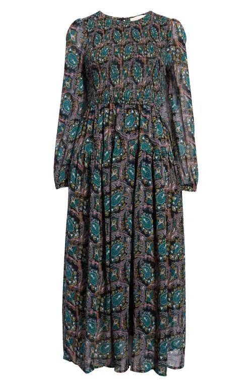 MELLODAY Paisley Smocked Long Sleeve Midi Dress in Black/Teal Print at Nordstrom, Size X-Large | Nordstrom