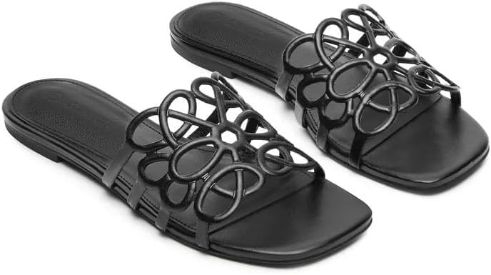 Coutgo Womens Flat Sandals Comfortable Square Open Toe Slides Slip On Summer Dressy Beach Shoes | Amazon (US)