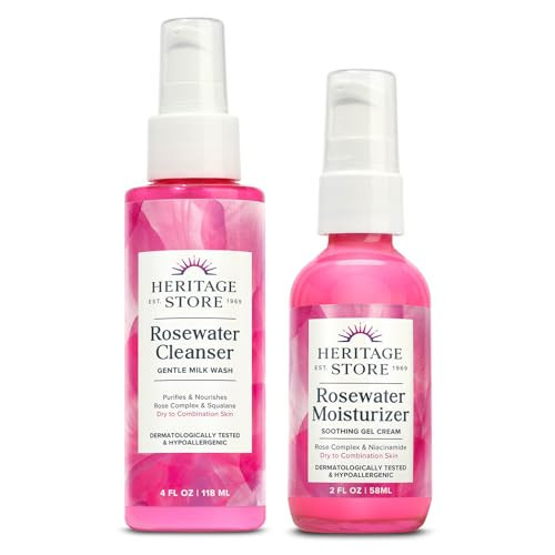 HERITAGE STORE Rosewater Cleanser and Facial Moisturizer - 2-Step Skin Care Bundle - Soothing Face Wash and Gel Moisturizer - Dry/Combination Skin - Hypoallergenic, Vegan, 60-Day Guarantee, 4oz, 2oz | Amazon (US)