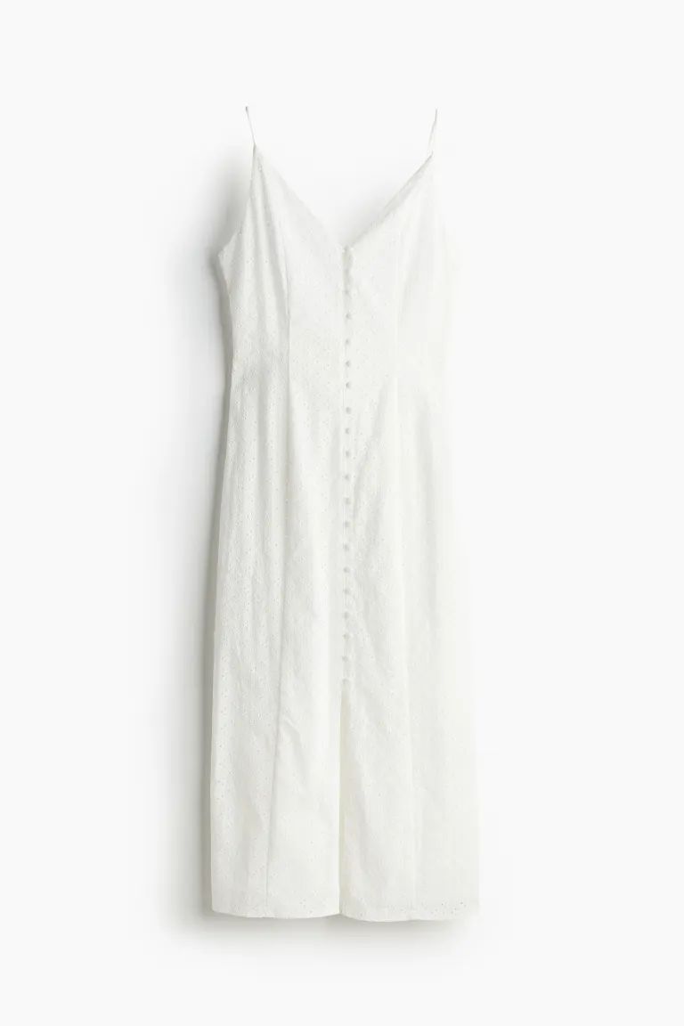 Button-front Eyelet Embroidery Dress - V-neck - Sleeveless - White - Ladies | H&M CA | H&M (US + CA)