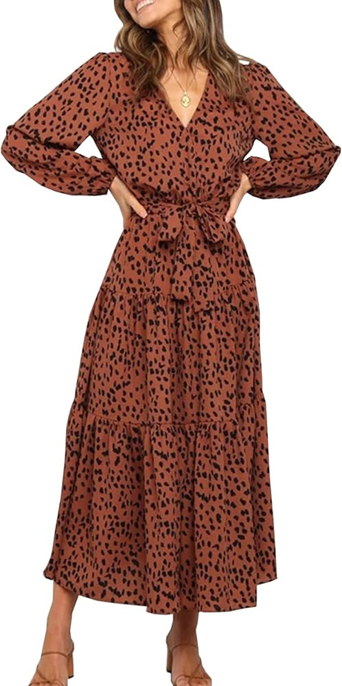 CCTOO Women's Maxi Dress Wrap V Neck Casual Tie Waist Pleated Floral Flowy Beach Party Boho Long ... | Amazon (US)