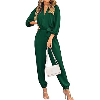 PRETTYGARDEN Women's 2023 Fall Jumpsuits Casual Dressy One Piece Outfits V Neck Long Sleeve Belt ... | Amazon (US)