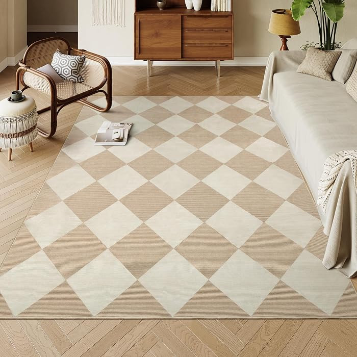 Beeiva Checkered Print 5x7 Washable Area Rugs for Bedroom, Non Slip Ultra Thin Beige Rugs for Liv... | Amazon (US)