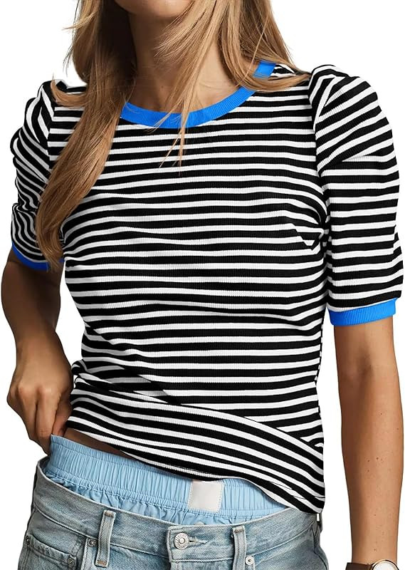 Tankaneo Womens Short Puff Sleeve Tops Trendy Striped Color Block T Shirts Crewneck Casual Shirts | Amazon (US)