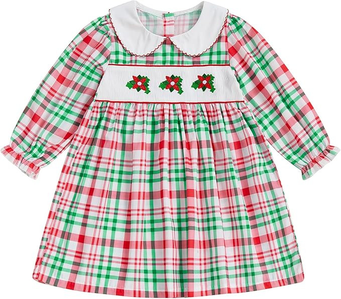 Toddler Girl Christmas Smocked Dress Santa Claus Tree Embroidery Plaid Print Peter Pan Collar Pri... | Amazon (US)