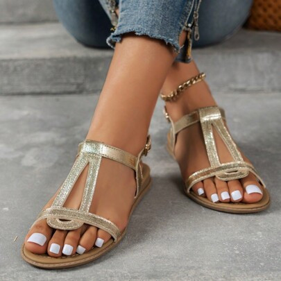 Women Metallic Glitter Detail Open Toe Ankle Strap Flat Sandals, Glamorous Outdoor Slingback Sandals | SHEIN