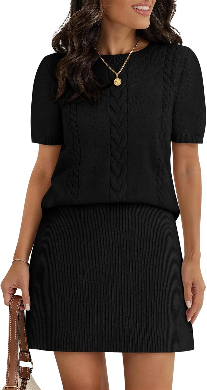 Womens 2 Piece Skirt Sets Puff Short Sleeve Crewneck Ribbed Knit Sweaters Mini Dresses Two Piece Outfits | Amazon (US)
