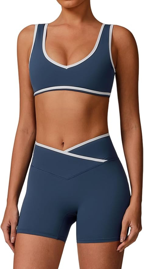 Two Piece Workout Sets for Women Color Block Sports Bra and Scrunch Butt Lifting Shorts Gym Yoga ... | Amazon (US)