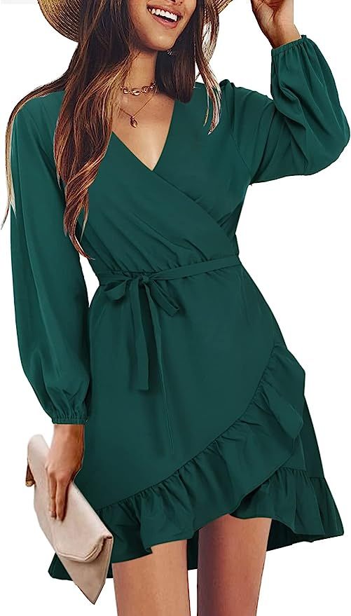 Amoretu Womens Long Sleeve Dress Wrap V Neck Ruffle Hem Short Mini Dresses | Amazon (US)