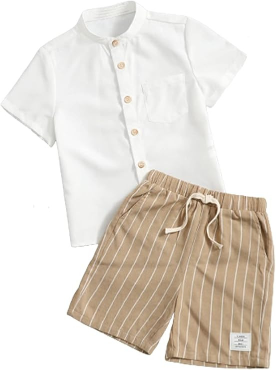 Verdusa Toddler Boy's 2 Piece Outfits Linen Set Striped Short Sets Button Up Shirt and Shorts Clo... | Amazon (US)