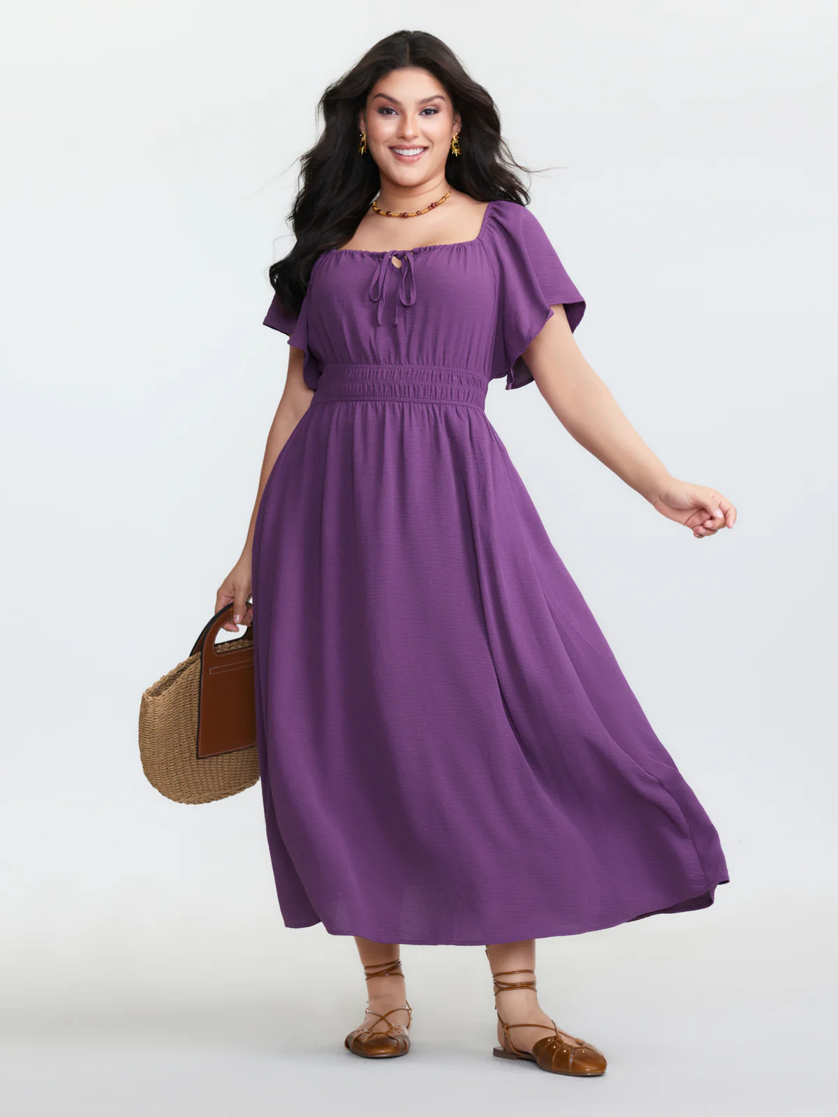 Square Neckline Shirred Waist Maxi Dress | Bloomchic
