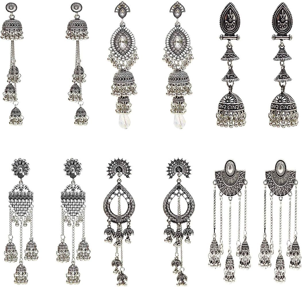 6 Pairs Indian Jhumka Jhumki Ethnic Dangle Earring Sets for Women Vintage Silver Gold Long Tassel... | Amazon (US)