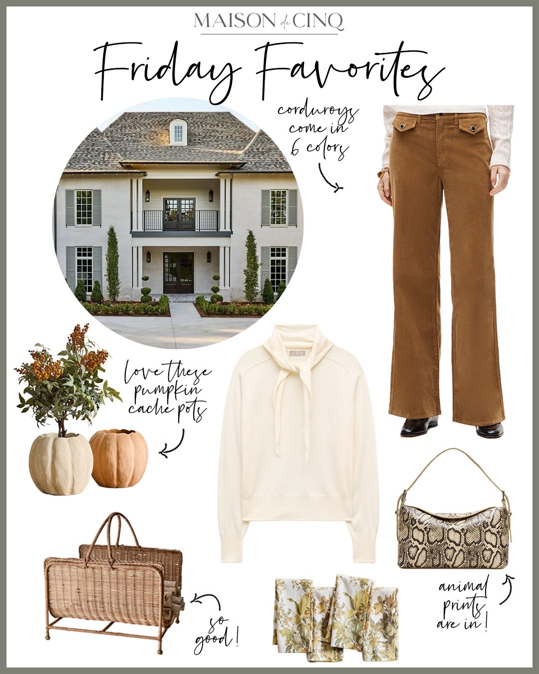 So many great finds on Friday Favorites this week like new fall JCrew, Madewell 25% off, a log holder I’m loving, the cutest animal print shoes and bags, corduroys and more!

Home decor, fall decor, fall fashion, fall outside, fall handbag, leopard print shoes, leopard print bag, fall sweaters, pants

#LTKOver40 #LTKHome #LTKSaleAlert