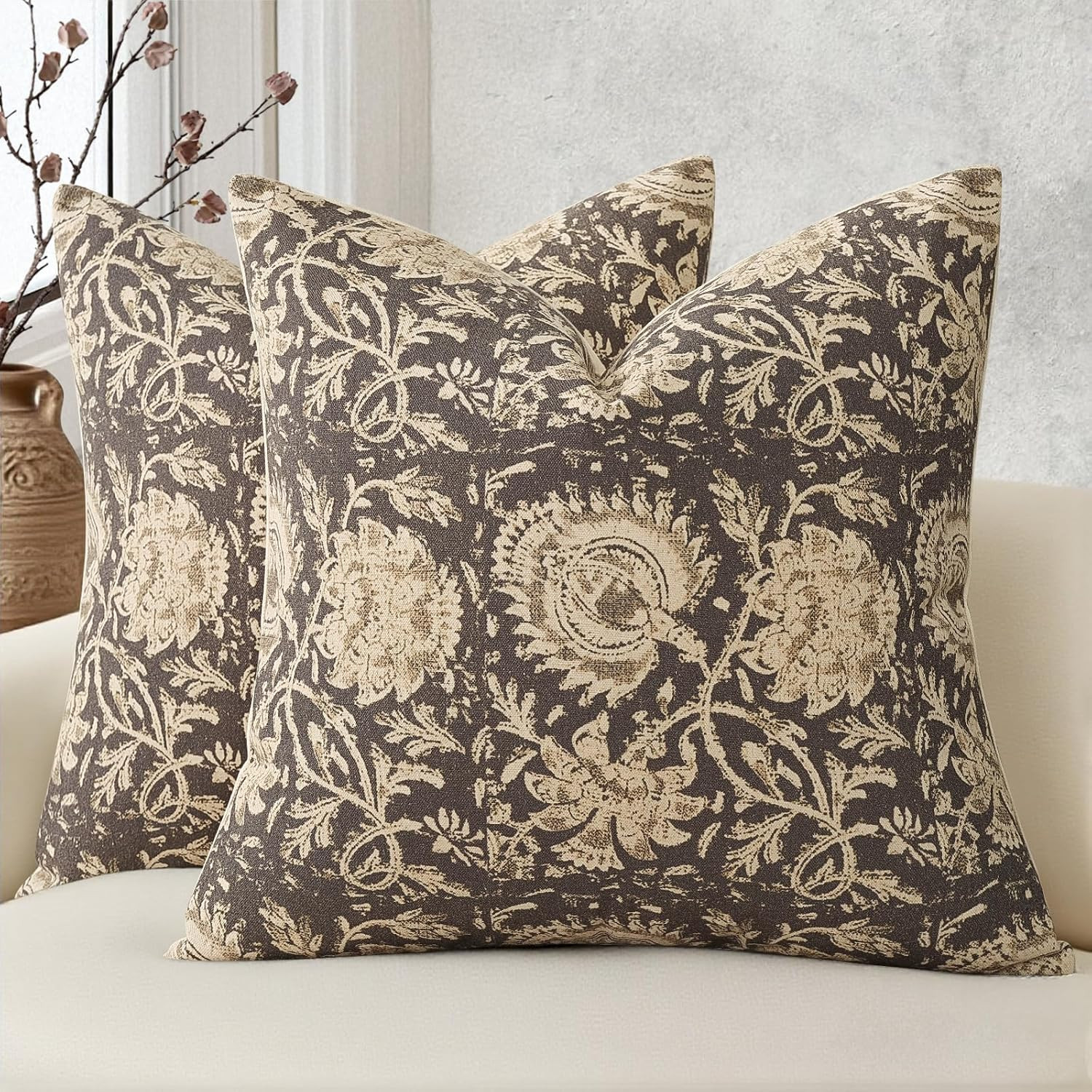 Vintage Floral Print Throw Pillow Covers 18x18 Set of 2 Neutral Modern Farmhouse Pillowcases Accent Decorative Cushion Covers Boho Home Decor for Couch Sofa Chair Bed Living Room, Rustic Gray | Amazon (US)