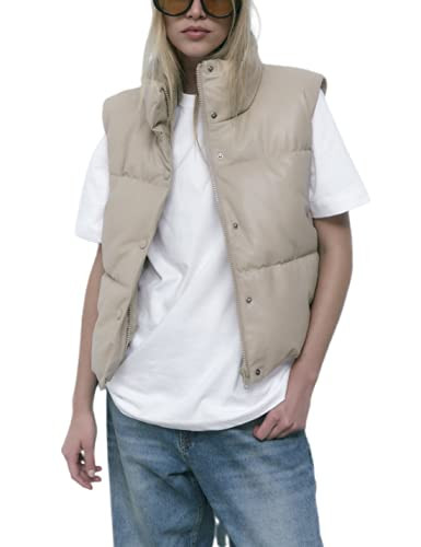 Ailoqing Womens Faux Leather Puffer Vest Zip Up Sleeveless Winter Cropped Jacket | Amazon (US)