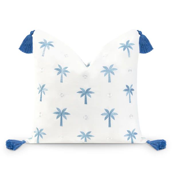 Coastal Hampton Style Indoor Outdoor Pillow Cover, Embroidered Palm Tree Tassel, Baby Blue, 20"x2... | Hofdeco
