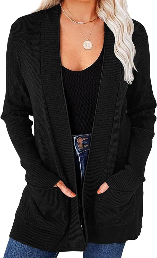 MEROKEETY Women's 2024 Fall Open Front Waffle Knit Cardigan Long Sleeve Cozy Knit Sweaters with P... | Amazon (US)