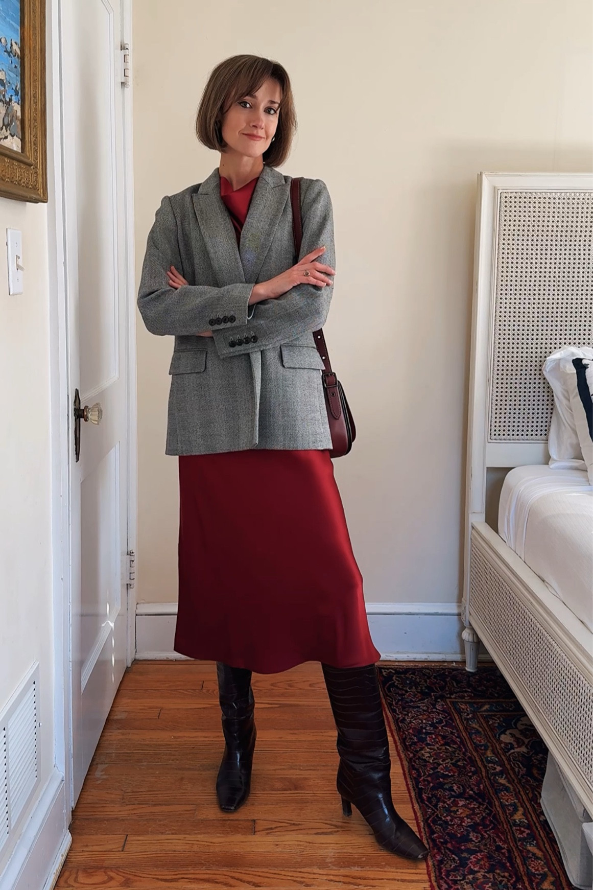 This red slip dress is beautiful for a holiday party but also work appropriate with a gray oversized blazer. 

#LTKWorkwear #LTKHoliday #LTKSeasonal