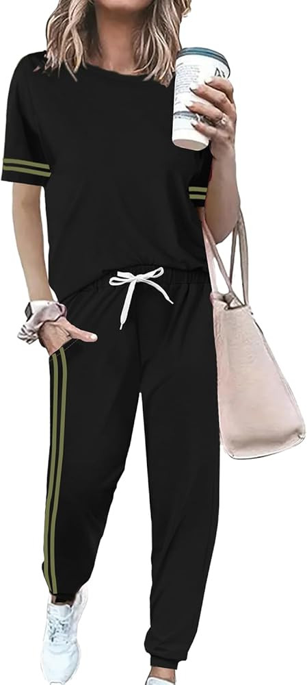 Women 2 Piece Outfits Summer Set Striped Short Sleeve Sweatsuits Crew Neck Pullover Lounge Tracks... | Amazon (US)