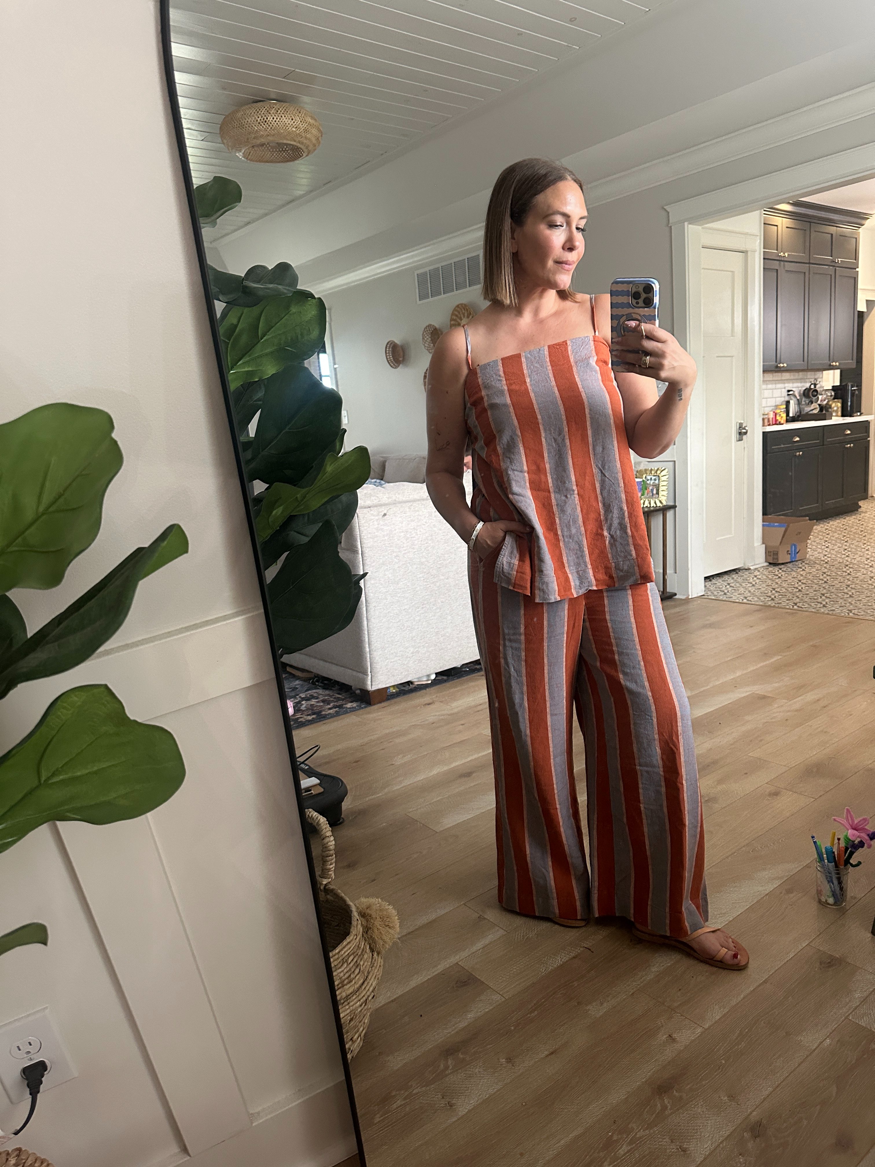 wearing a medium in this linen set. I also have it in a solid color.  

 #LTKootd #LTKOver40 #LTKMidsize