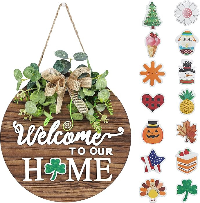 Interchangeable Seasonal Welcome Sign Front Door Decoration, Rustic Round Wood Wreaths Wall Hangi... | Amazon (US)