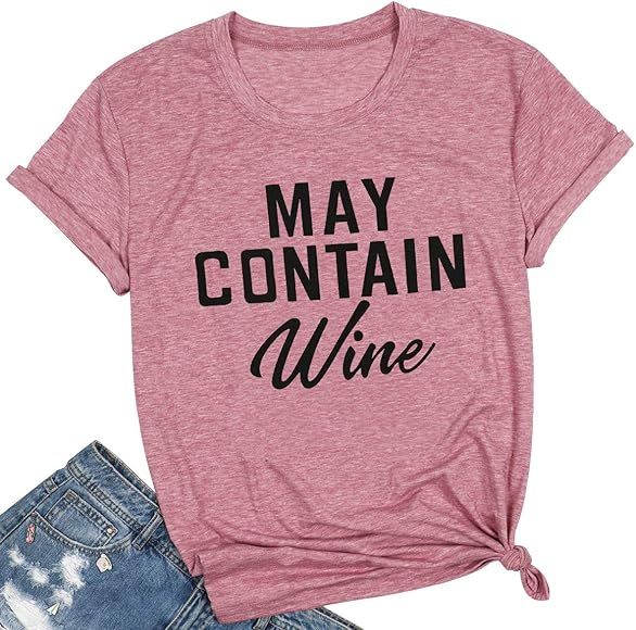 May Contain Wine T Shirt Alcohol Shirts Womens Letter Print Tops Funny Drinking Shirt Casual Shor... | Amazon (US)