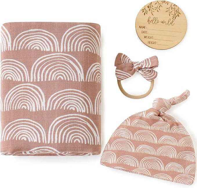 LifeTree Newborn Swaddle Set with Matching Hat and Bow, Wooden Birth Announcement Card, Muslin Ba... | Amazon (US)