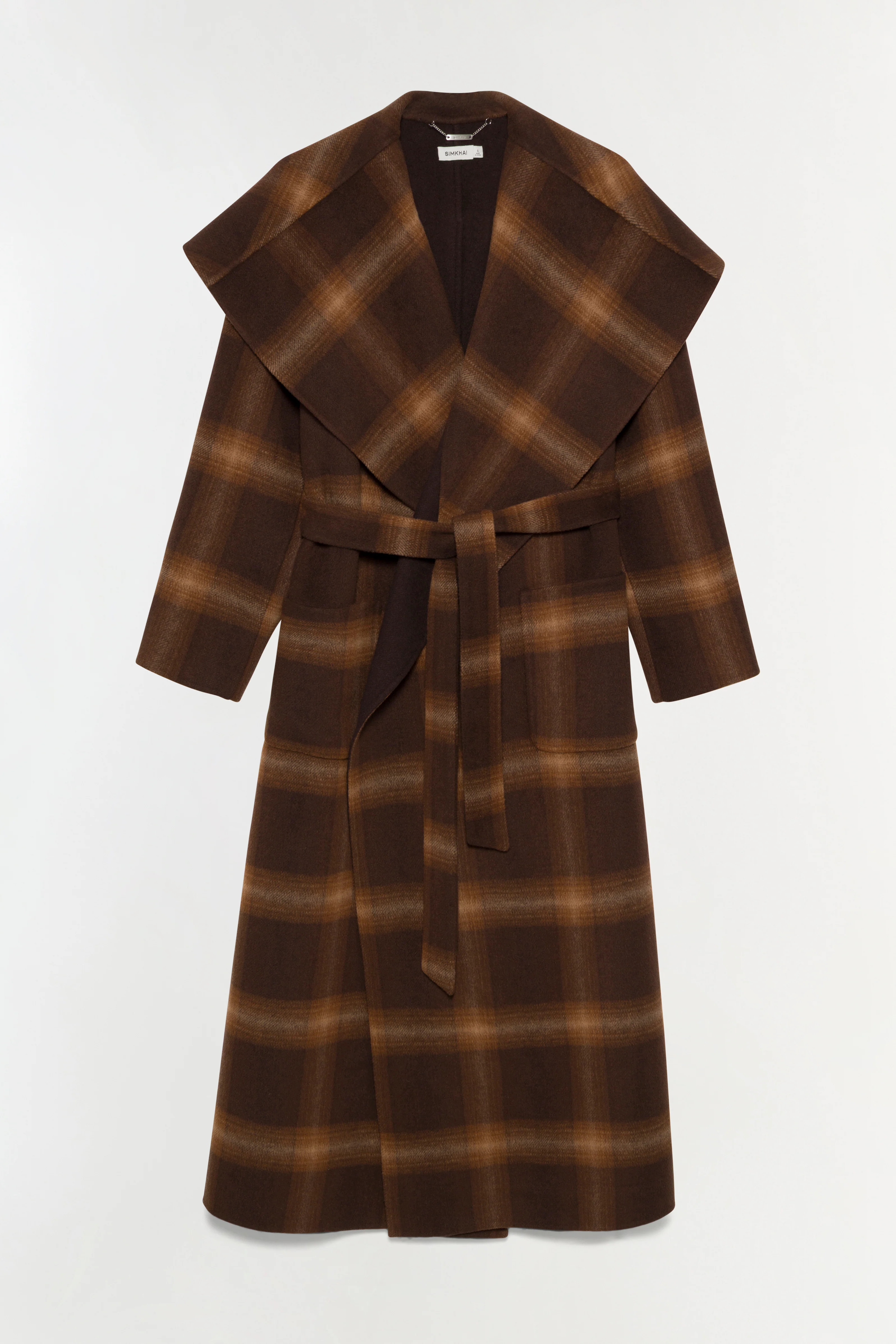 SIMKHAI Women's Mulhollond Wool Robe Coat in Chocolate Plaid, Size Medium | Simkhai