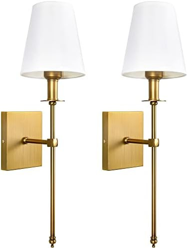PASSICA DECOR Modern Antique Brass Wall Sconce Set of Two, with Vertical Rod and White Fabric Fla... | Amazon (US)