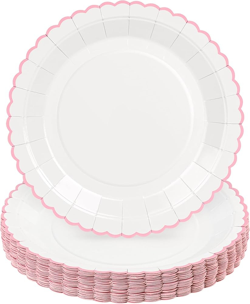 30 Pcs Pink and White Paper Plates, 9 Inch White Party Plates, Pink Scalloped Dinner Paper Plates... | Amazon (US)