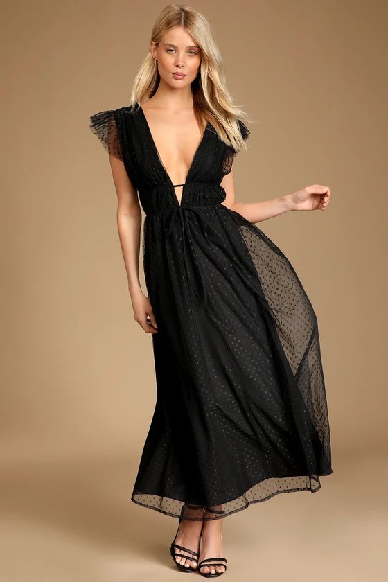 Yours Evermore Black Swiss Dot Ruffled Midi Dress | Lulus (US)