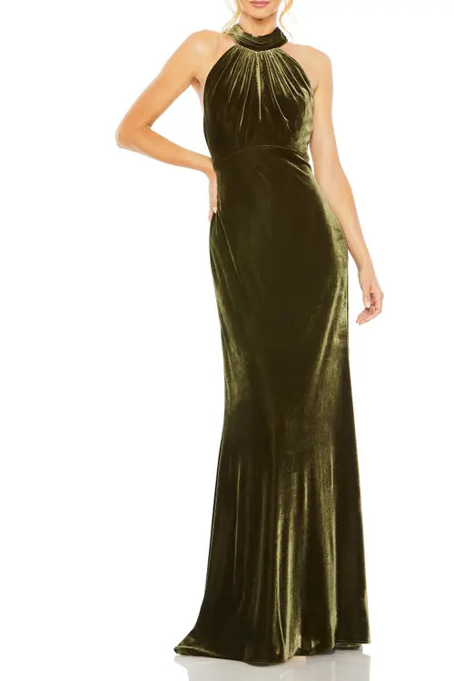 Mac Duggal Velvet Halter Column Gown in Olive at Nordstrom, Size 2 | Nordstrom