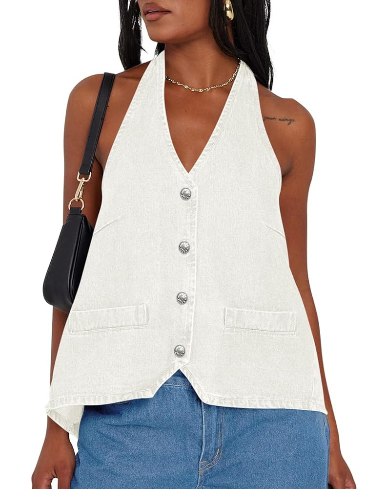 Tankaneo Womens Halter Denim Vest Tops Summer Open Back Y2K Going Out Tank Tops V Neck Button Dow... | Amazon (US)